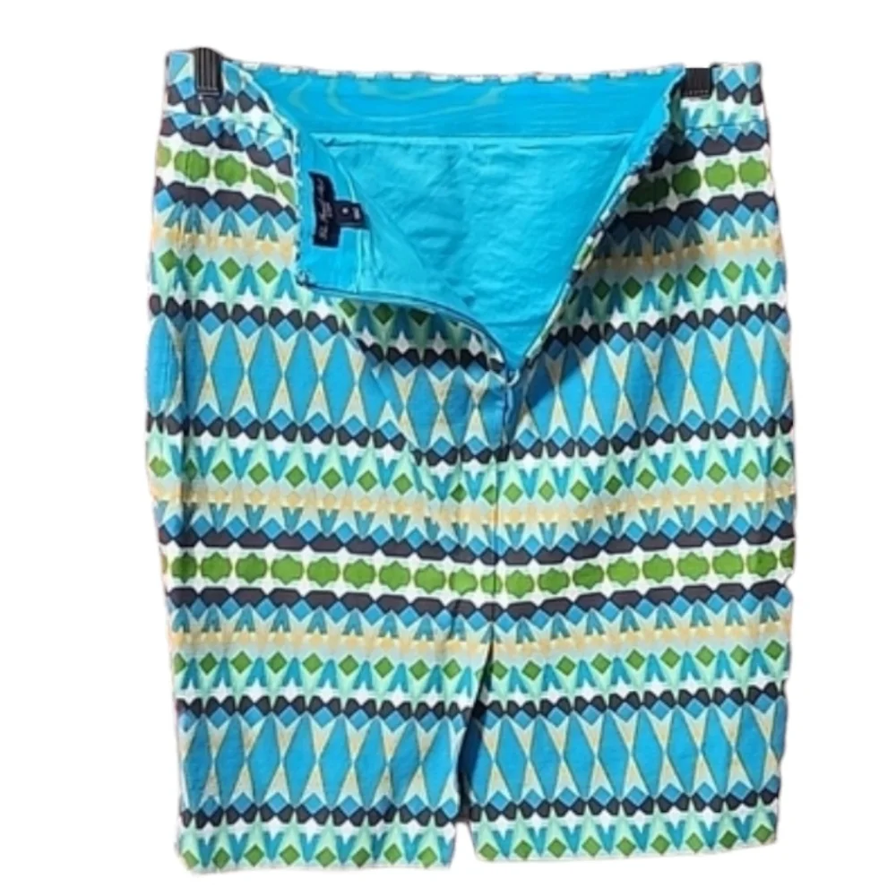 J CREW The Pencil Skirt 6 Midi Blue Geometric Batik Geometric Abstract Art Vibe